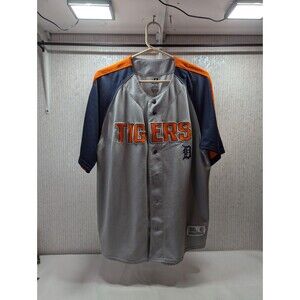 Dynasty Detroit Tigers Jersey Mens Large Gray Orange Blue Short Sleeve Button Up